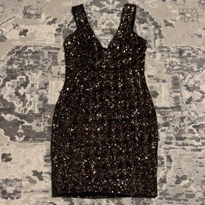 Dress the Population Black and Gold Sequin Mini Dress